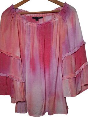 Zac And Rachel Blouse Large Pink Peach Tie Dye Peasant Hippie Boho
